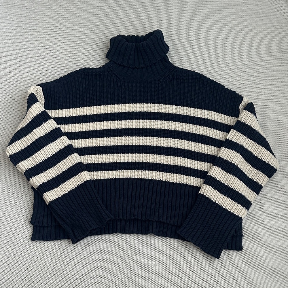 Striped Turtleneck Sweater - Navy & Cream